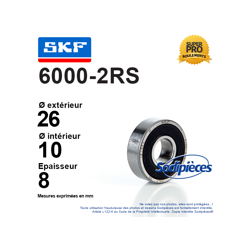 Roulement à billes 6000-2RS SKF. Double étanchéité