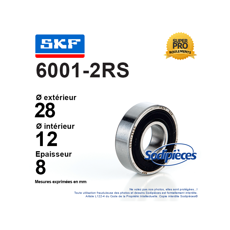 Roulement à billes 6001-2RS SKF. Double étanchéité