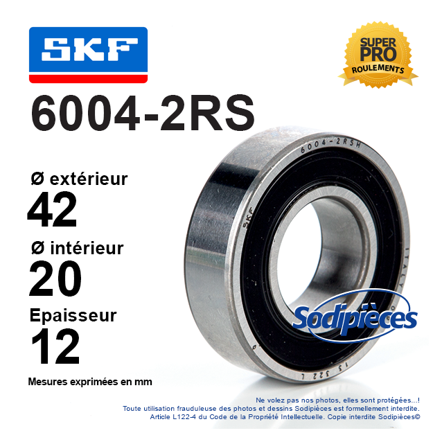 Roulement à billes 6004-2RS SKF. Double étanchéité