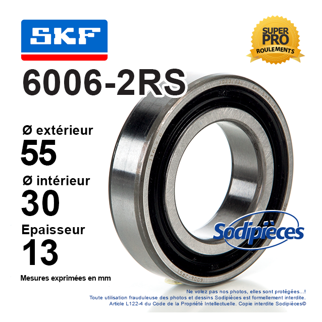 Roulement à billes 6006-2RS SKF. Double étanchéité