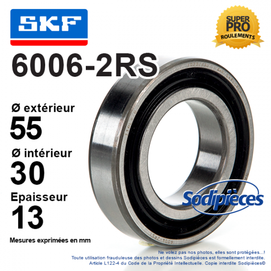 Roulement à billes 6006-2RS SKF. Double étanchéité