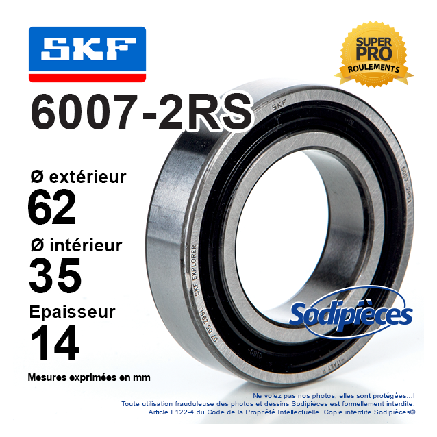 Roulement à billes 6007-2RS SKF. Double étanchéité