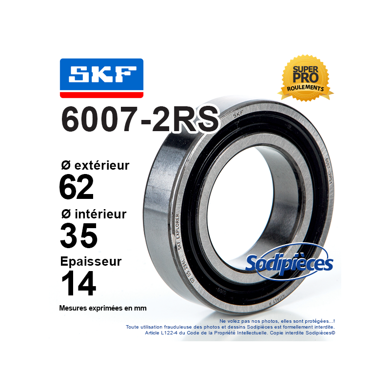 Roulement à billes 6007-2RS SKF. Double étanchéité