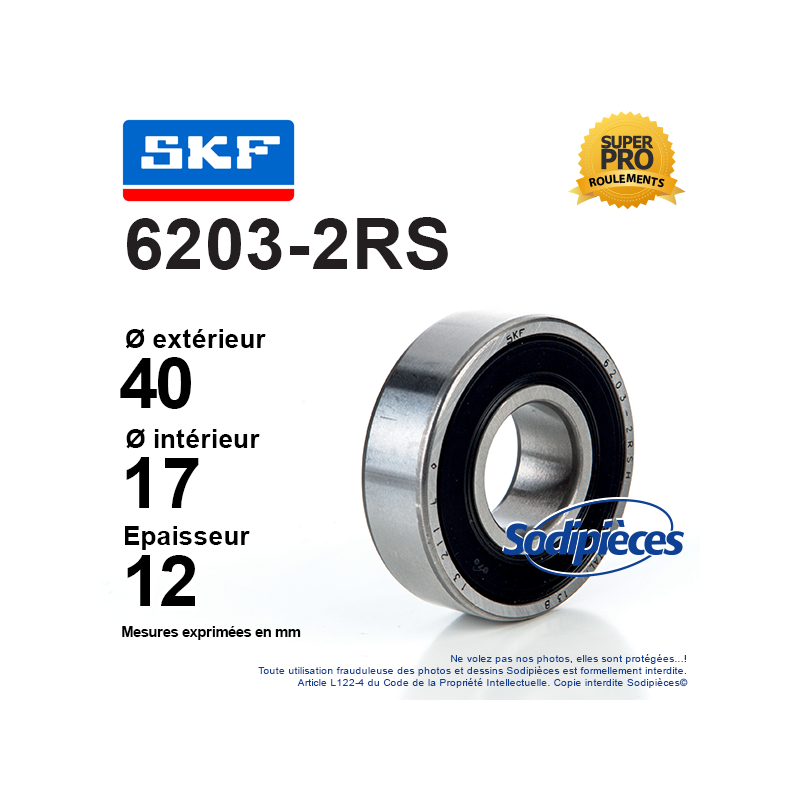 Roulement à billes 6203-2RS SKF. Double étanchéité