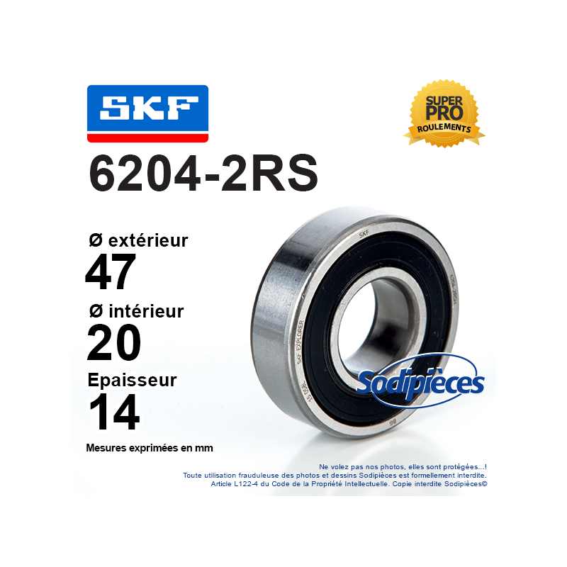 Roulement à billes 6204-2RS SKF. Double étanchéité