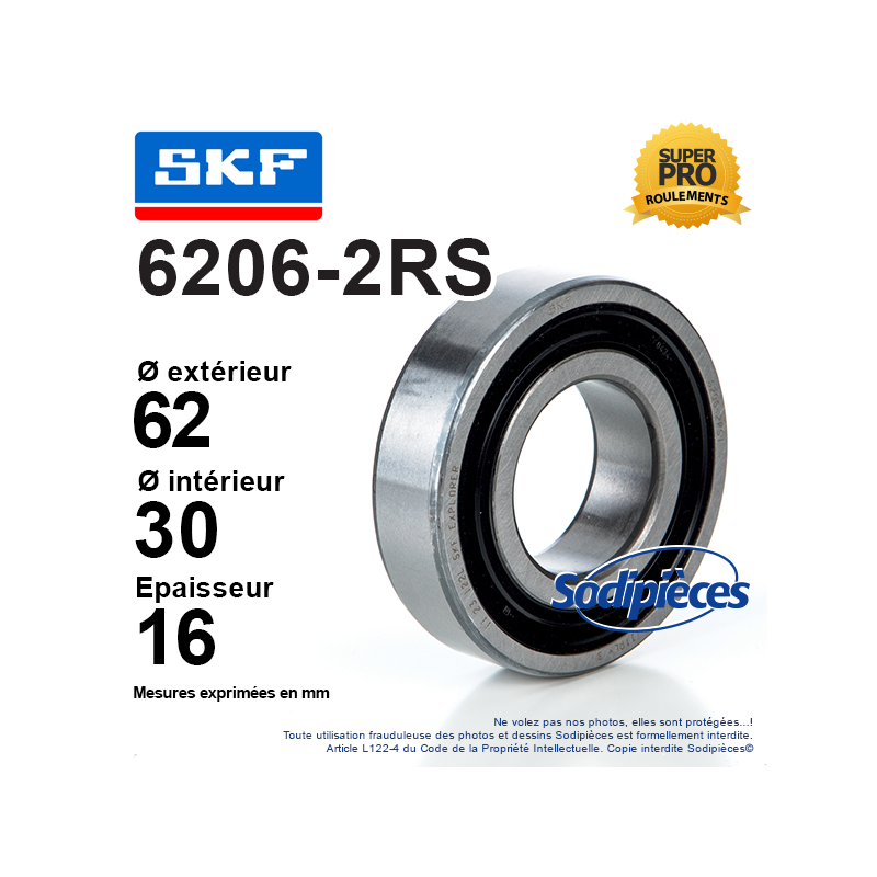 Roulement à billes 6206-2RS SKF. Double étanchéité