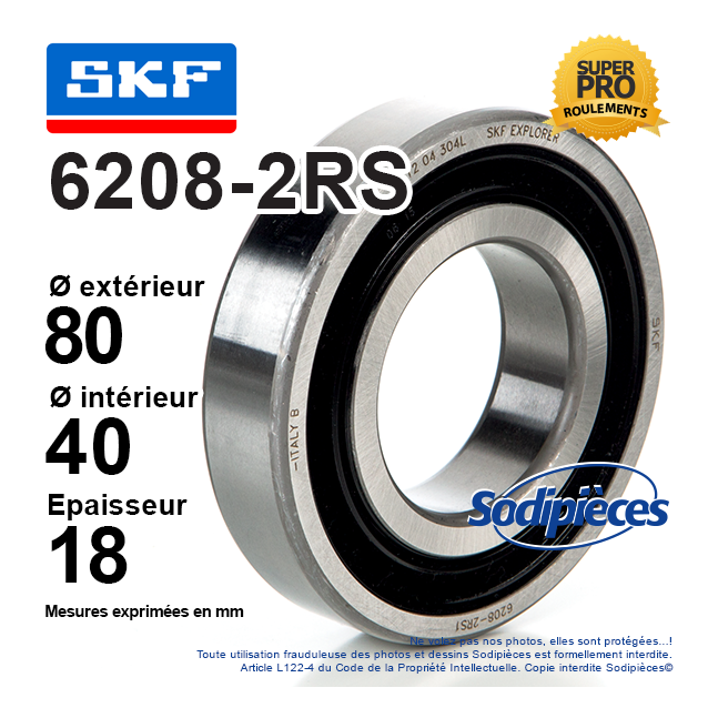 Roulement à billes 6208-2RS SKF. Double étanchéité