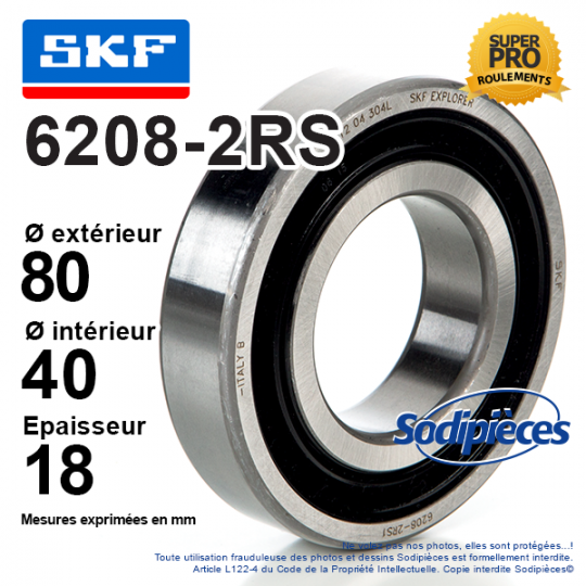 Roulement à billes 6208-2RS SKF. Double étanchéité