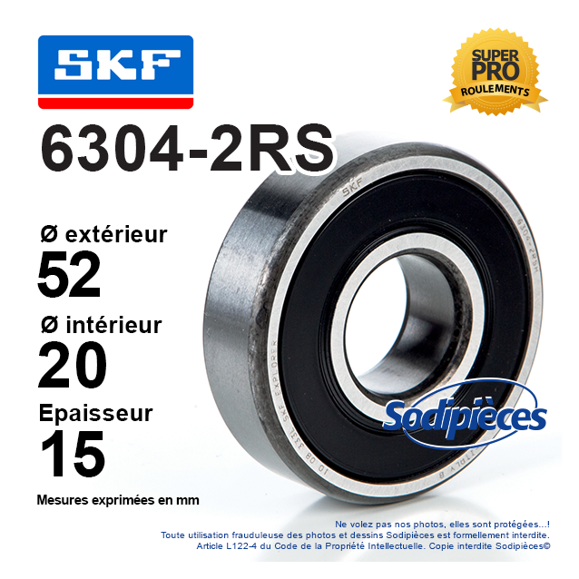 Roulement à billes 6304-2RS SKF. Double étanchéité