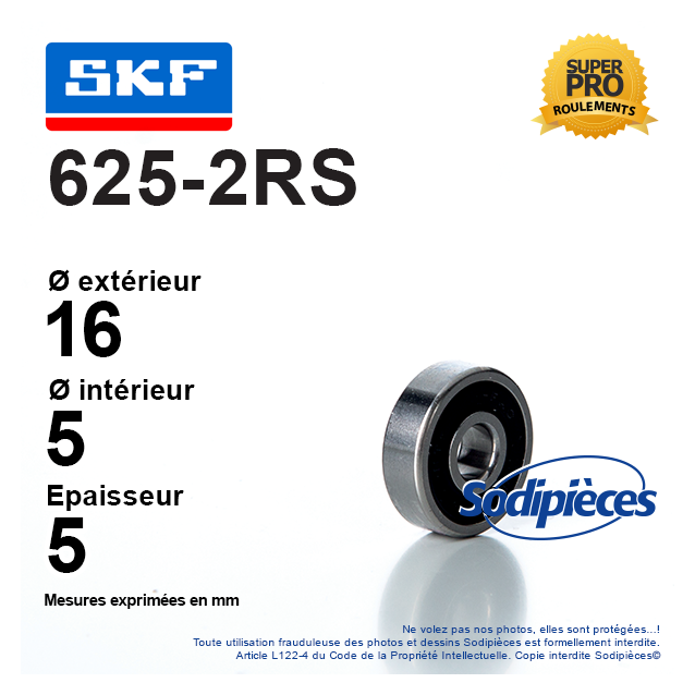Roulement à billes 625-2RS SKF. Double étanchéité
