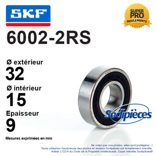 Roulement à billes 6002-2RS SKF. Double étanchéité