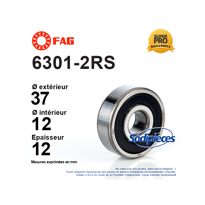 Roulement à billes 6301-2RS FAG. Double étanchéité