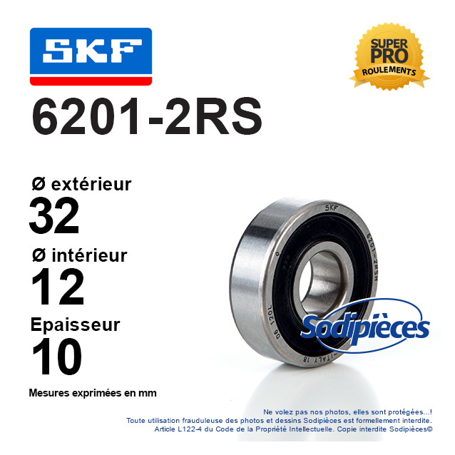 Roulement à billes 6201-2RS SKF. Double étanchéité