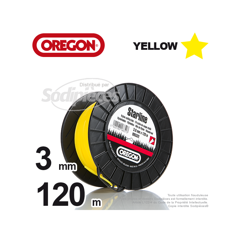 Fil Orégon Yellow étoilé jaune. 3 mm x 120 m pour débroussailleuse