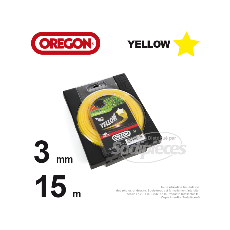 Fil Orégon Yellow étoilé jaune. 3 mm x 15 m pour débroussailleuse