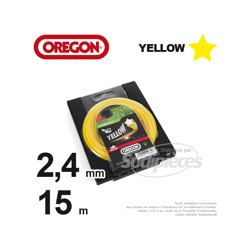 Fil Orégon Yellow étoilé jaune. 2,4 mm x 15 m pour débroussailleuse