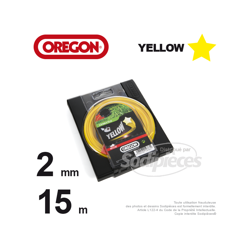 Fil Orégon Yellow étoilé jaune. 2 mm x 15 m pour débroussailleuse