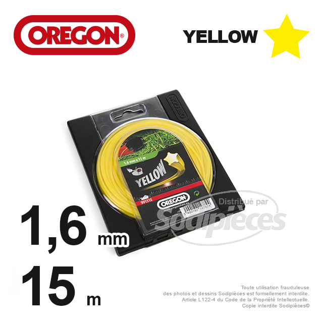 Fil Orégon Yellow étoilé jaune. 1,6 mm x 15 m pour débroussailleuse