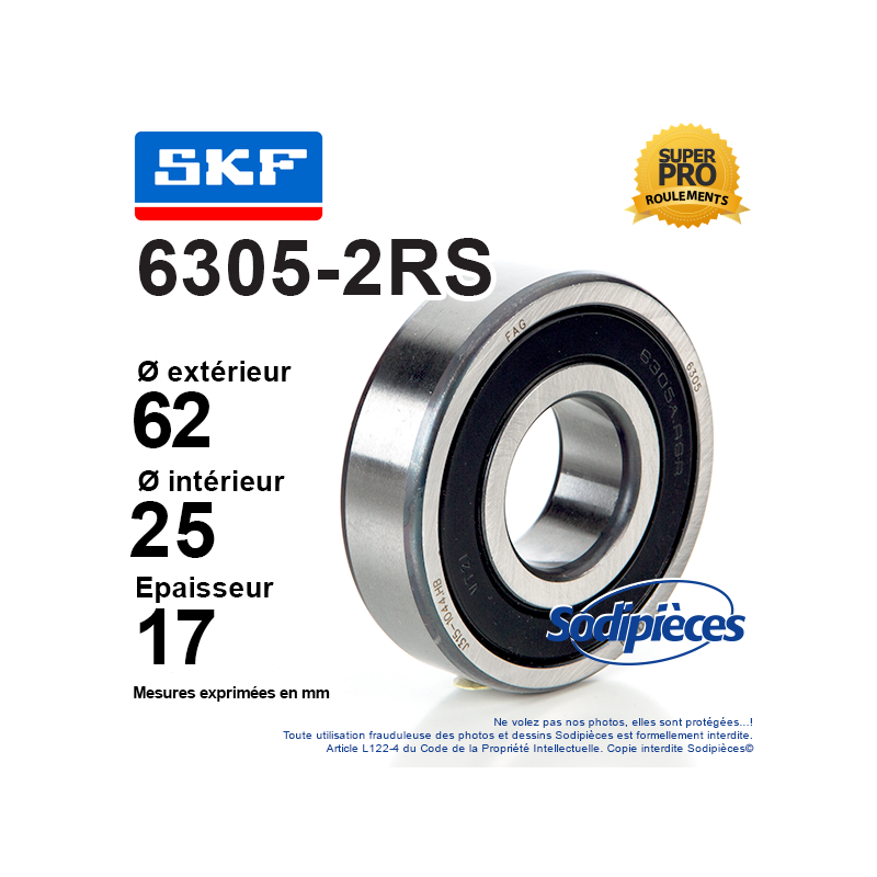 Roulement à billes 6305-2RS SKF. Double étanchéité