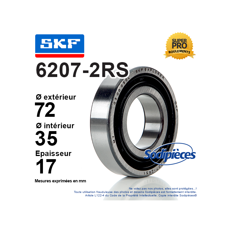 Roulement à billes 6207-2RS SKF. Double étanchéité