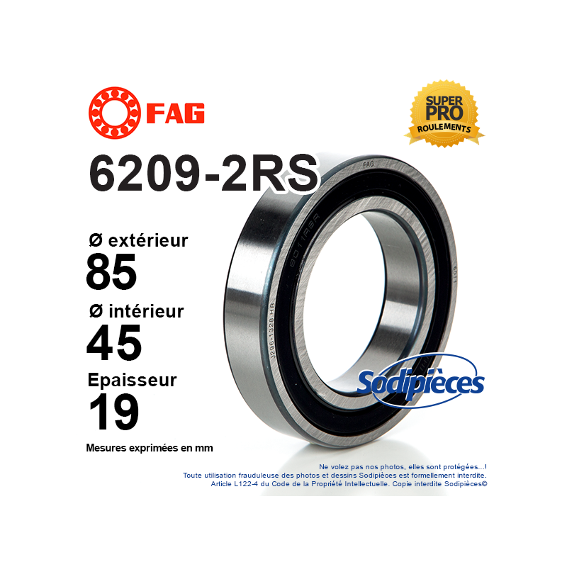 Roulement à billes 6209-2RS FAG. Double étanchéité