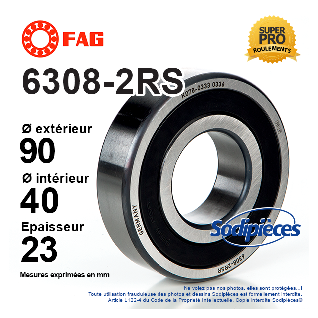 Roulement à billes 6308-2RS FAG. Double étanchéité