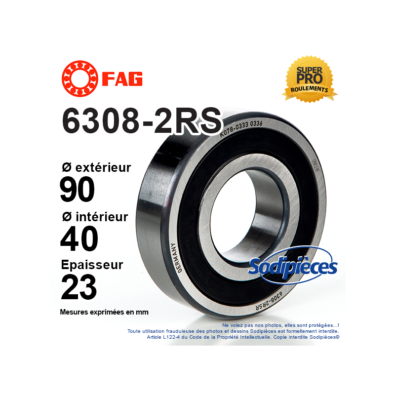 Roulement à billes 6308-2RS FAG. Double étanchéité