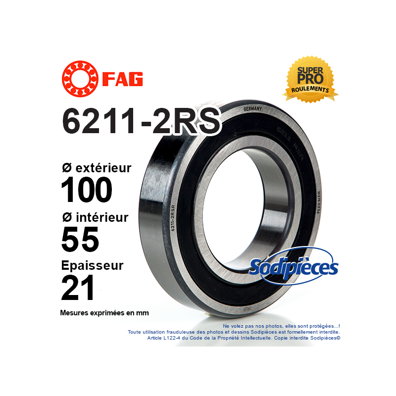 Roulement à billes 6211-2RS FAG. Double étanchéité