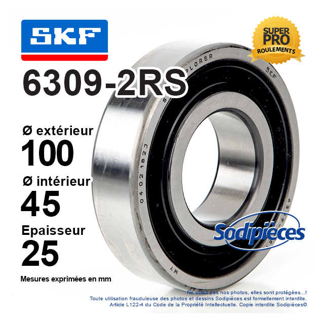 Roulement à billes 6309-2RS SKF. Double étanchéité