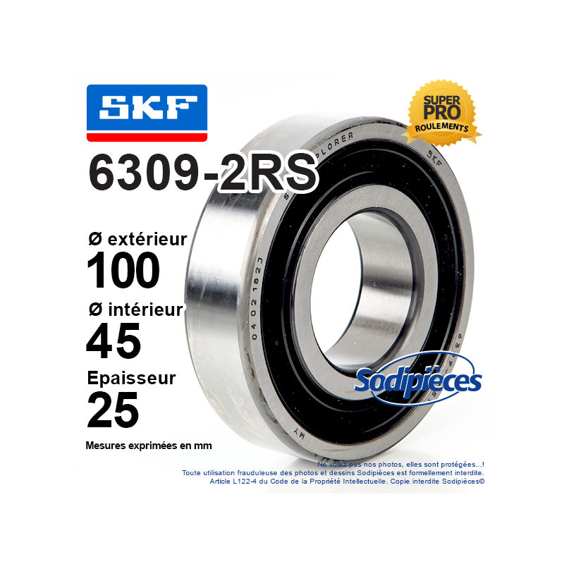 Roulement à billes 6309-2RS SKF. Double étanchéité