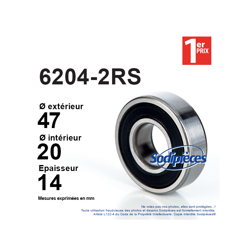 Roulement à billes 6204-2RS 1er Prix. Double étanchéité