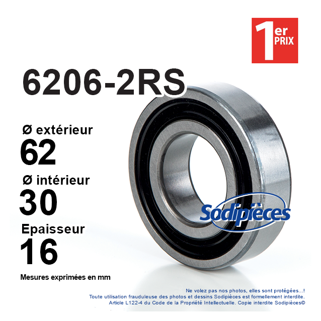 Roulement à billes 6206-2RS 1er Prix. Double étanchéité