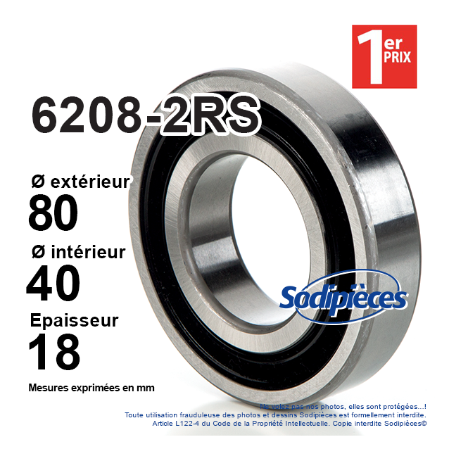 Roulement à billes 6208-2RS 1er Prix. Double étanchéité