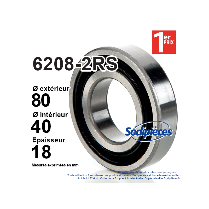 Roulement à billes 6208-2RS 1er Prix. Double étanchéité