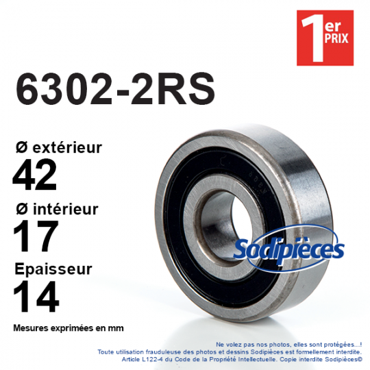 Roulement à billes 6302-2RS 1er Prix. Double étanchéité