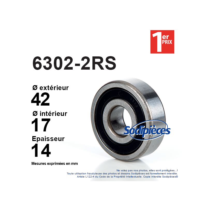 Roulement à billes 6302-2RS 1er Prix. Double étanchéité