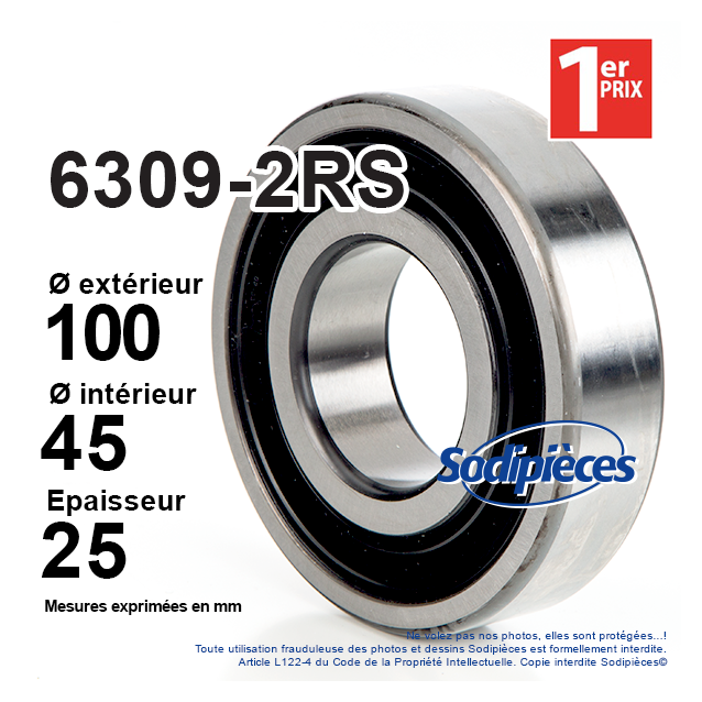 Roulement à billes 6309-2RS 1er Prix. Double étanchéité