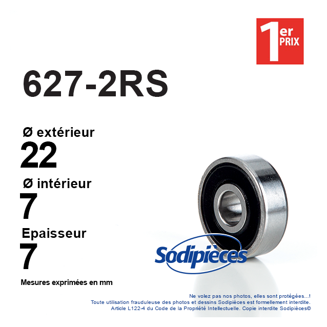 Roulement à billes 627-2RS 1er Prix. Double étanchéité