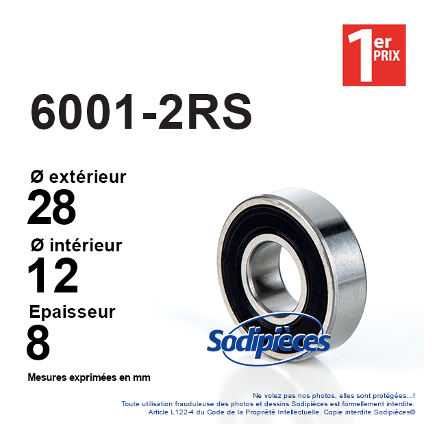 Roulement à billes 6001-2RS 1er Prix. Double étanchéité