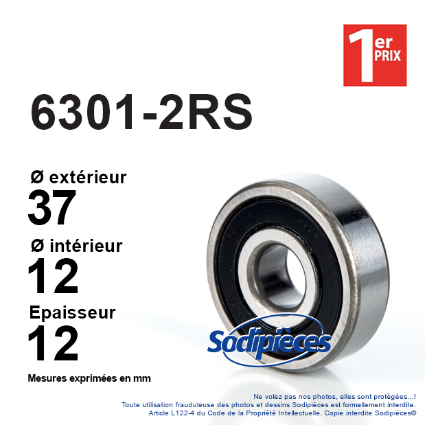 Roulement à billes 6301-2RS 1er Prix. Double étanchéité