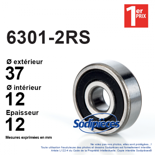 Roulements à Billes Étanches 6301-ZZ - 12x37x12 Mm - Double Joint Caoutchouc - Acier Chromé - Prélubrifié Pour Machines, Outils, Véhicules