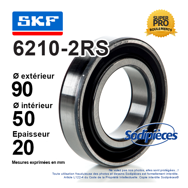 Roulement à billes 6210-2RS SKF. Double étanchéité