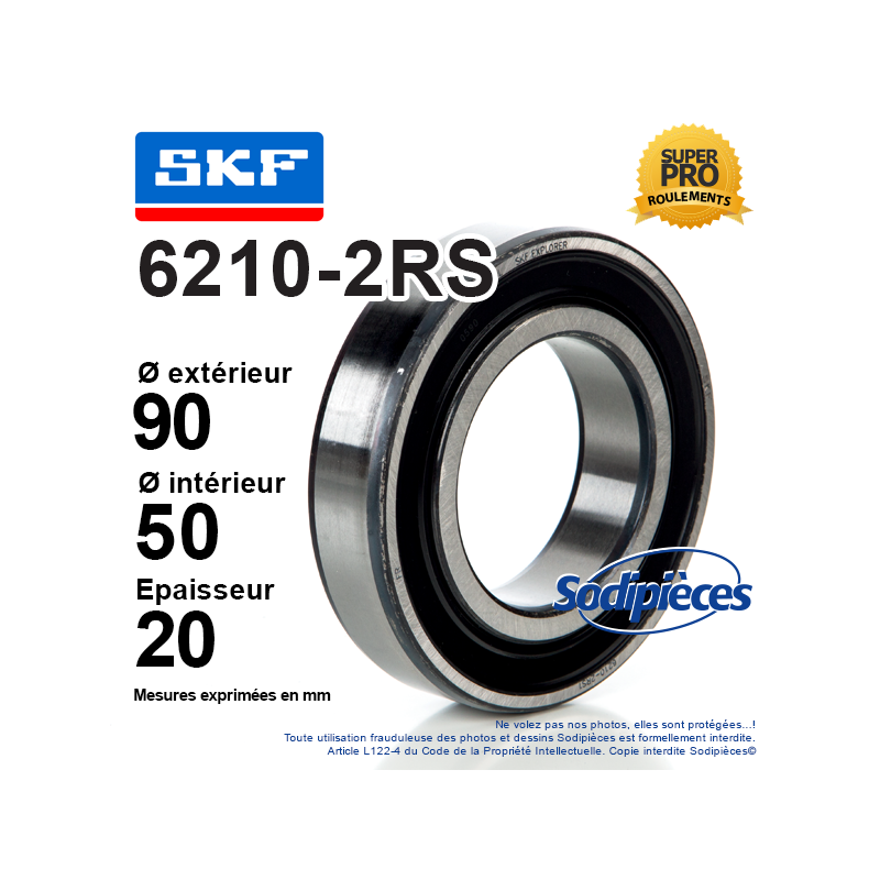 Roulement à billes 6210-2RS SKF. Double étanchéité