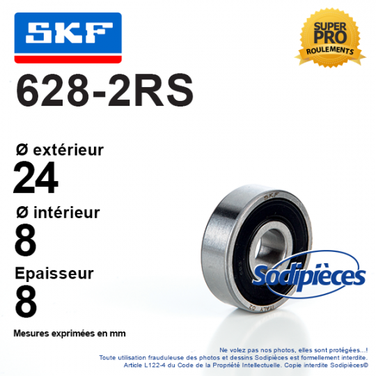 Roulement à billes 628-2RS SKF. Double étanchéité