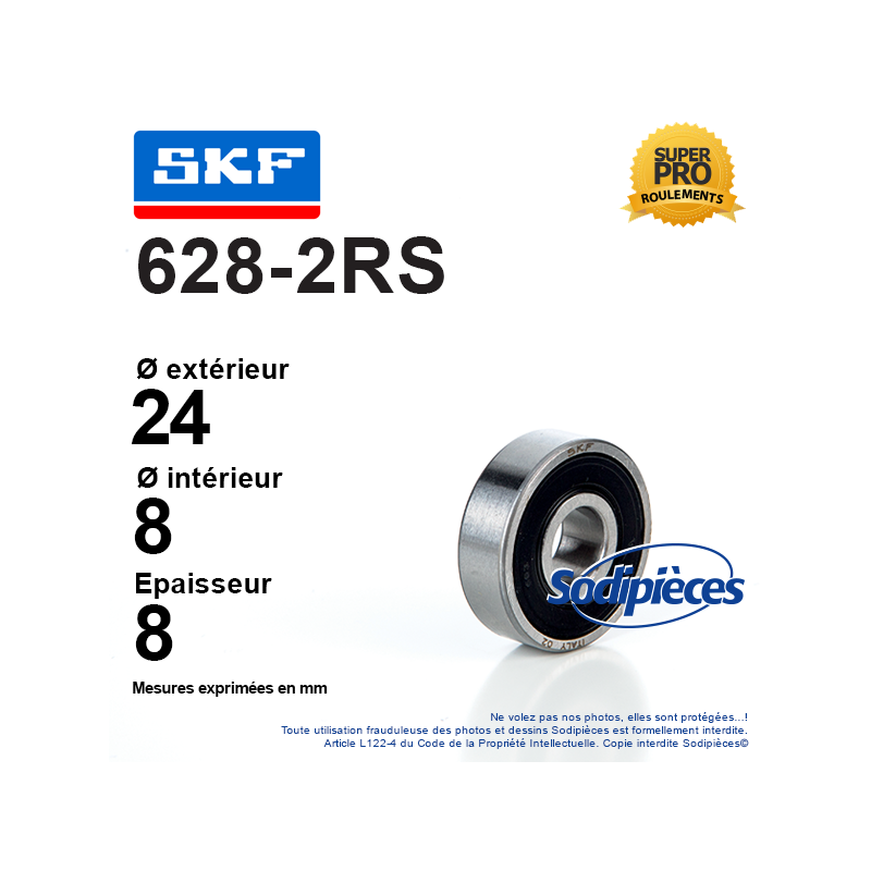 Roulement à billes 628-2RS SKF. Double étanchéité