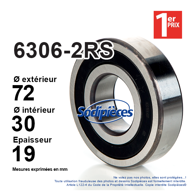 Roulement à billes 6306-2RS 1er Prix. Double étanchéité