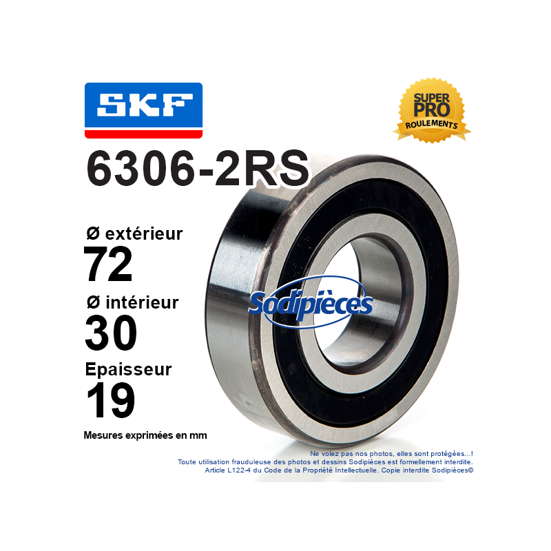 Roulement à billes 6306-2RS SKF. Double étanchéité