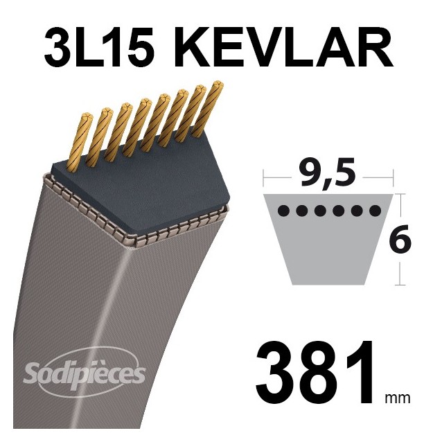Courroie tondeuse 3L150 Kevlar Trapézoïdale. 9,5 mm x 381 mm.