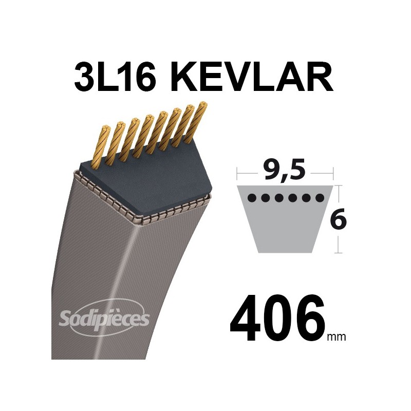 Courroie tondeuse 3L160 Kevlar Trapézoïdale. 9,5 mm x 406 mm.