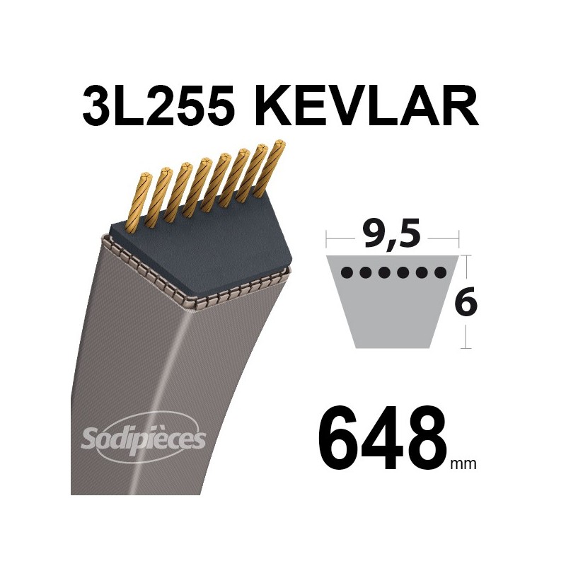 Courroie tondeuse 3L255 Kevlar Trapézoïdale. 9,5 mm x 648 mm.